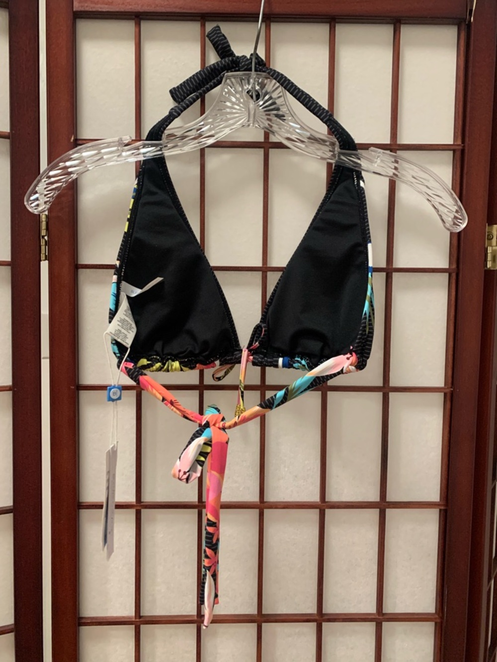 NWT Bleu Rod Beattie Black Multicolor Triangle Bikini Top with Halter Ties SZ 6 - Picture 2 of 11